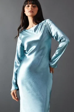High Shine Metallic Satin Column Midi Dress