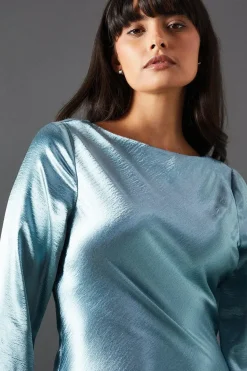 High Shine Metallic Satin Column Midi Dress