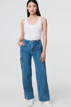 High Waist Denim Cargo Jeans