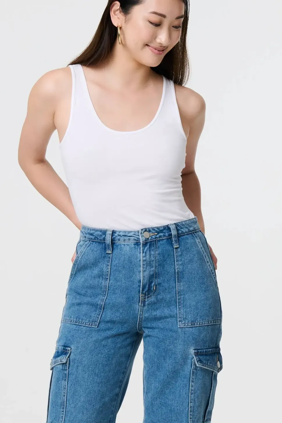High Waist Denim Cargo Jeans