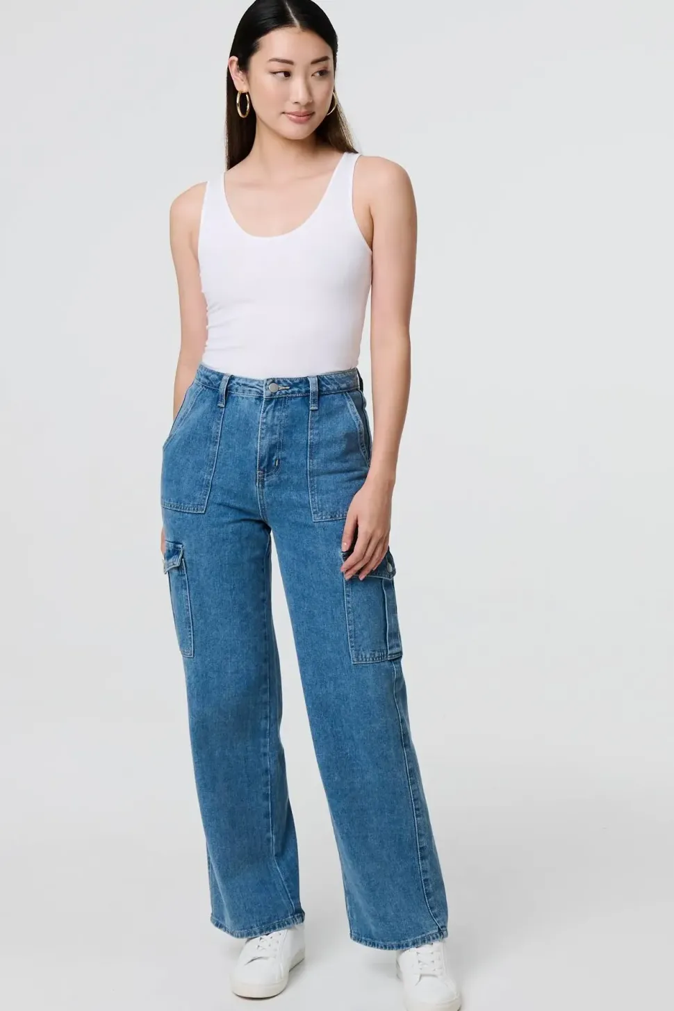 High Waist Denim Cargo Jeans