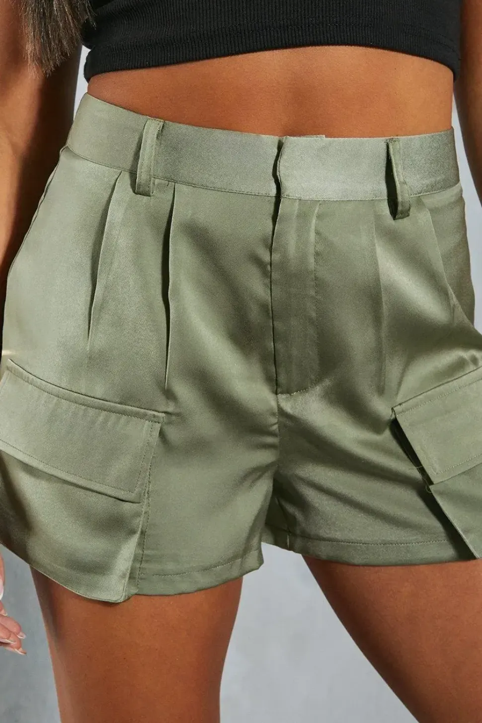 High Waist Satin Cargo Shorts
