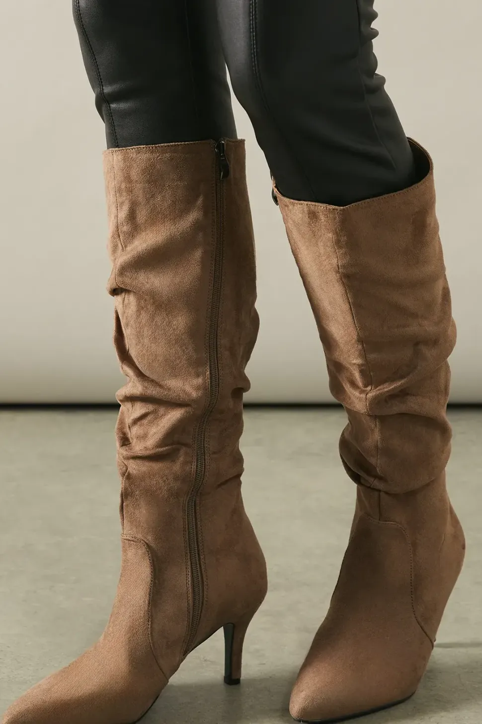 Hista Ruched Mid Heel Pointed Knee Boots