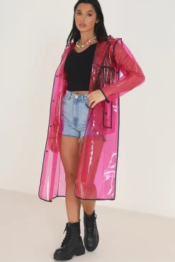 Hooded Longline Rain Mac With Contrasting Binding