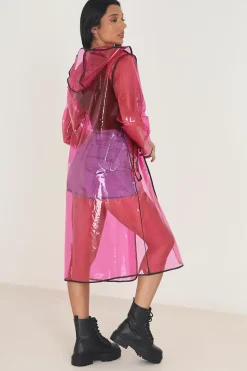 Hooded Longline Rain Mac With Contrasting Binding