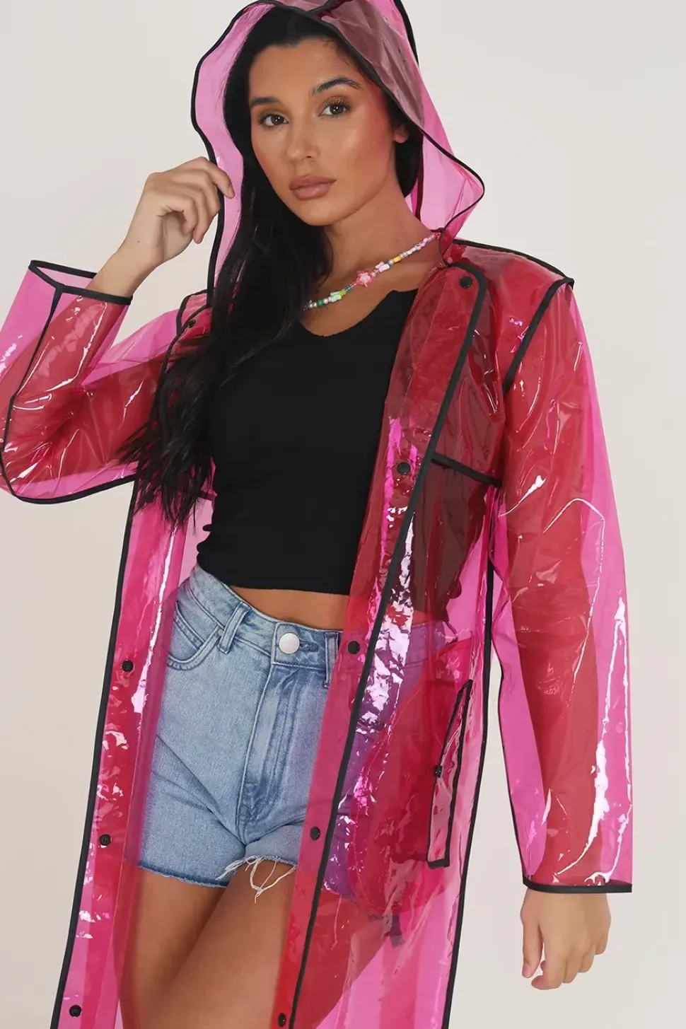 Hooded Longline Rain Mac With Contrasting Binding