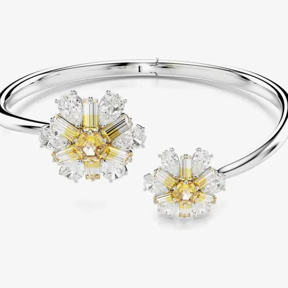 Idyllia Rhodium Plated Yellow Flower Open Bangle 5679937