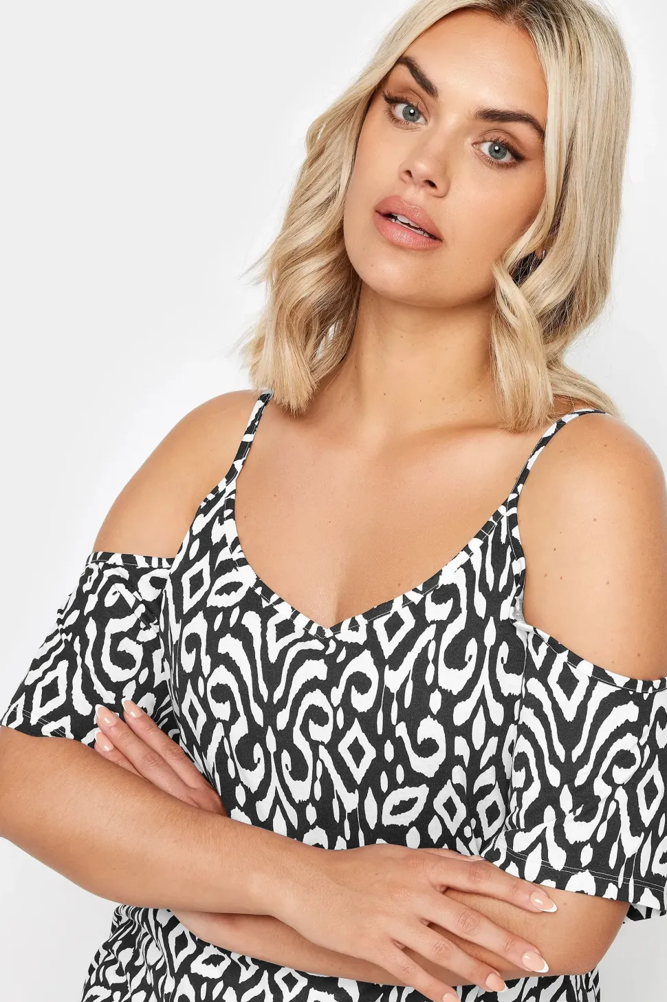 Ikat Print Cold Shoulder Top