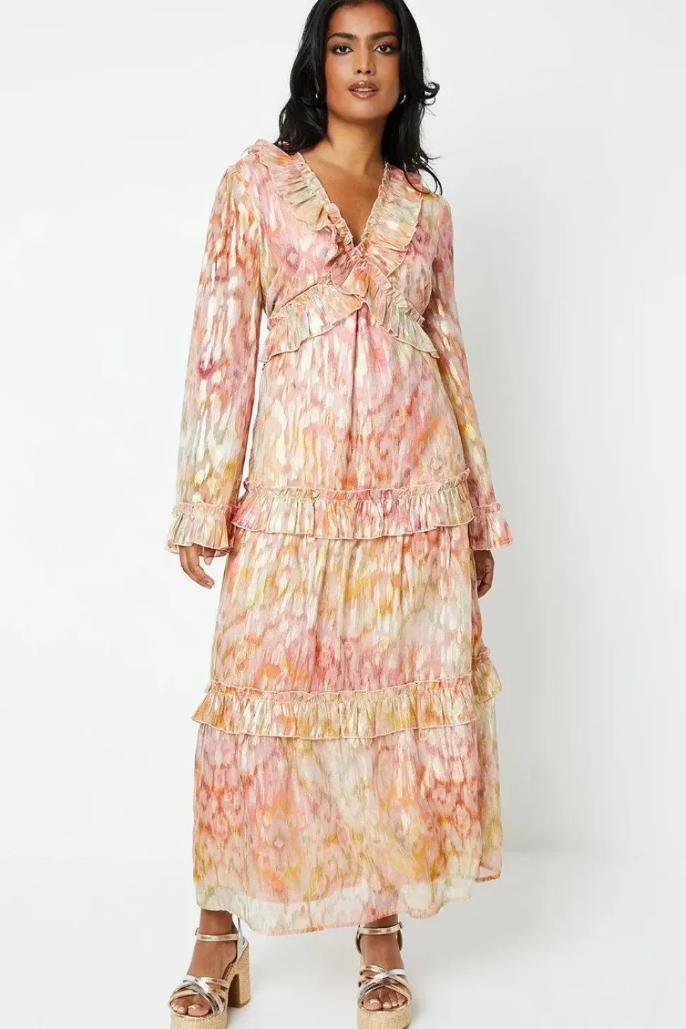 Ikat Print Ruffle Metallic Jacquard Midaxi Dress