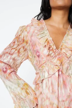 Ikat Print Ruffle Metallic Jacquard Midaxi Dress