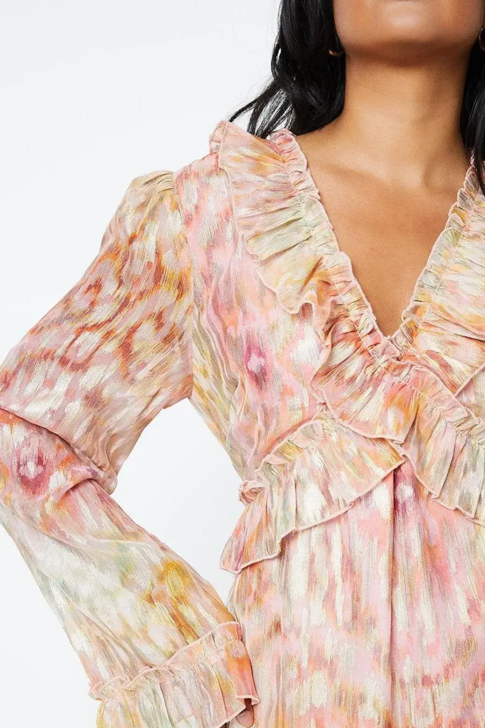 Ikat Print Ruffle Metallic Jacquard Midaxi Dress