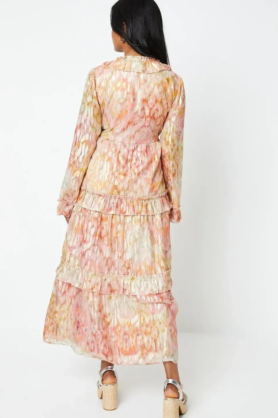 Ikat Print Ruffle Metallic Jacquard Midaxi Dress