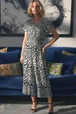 Ikat Print Shirred Waist Jumpsuit