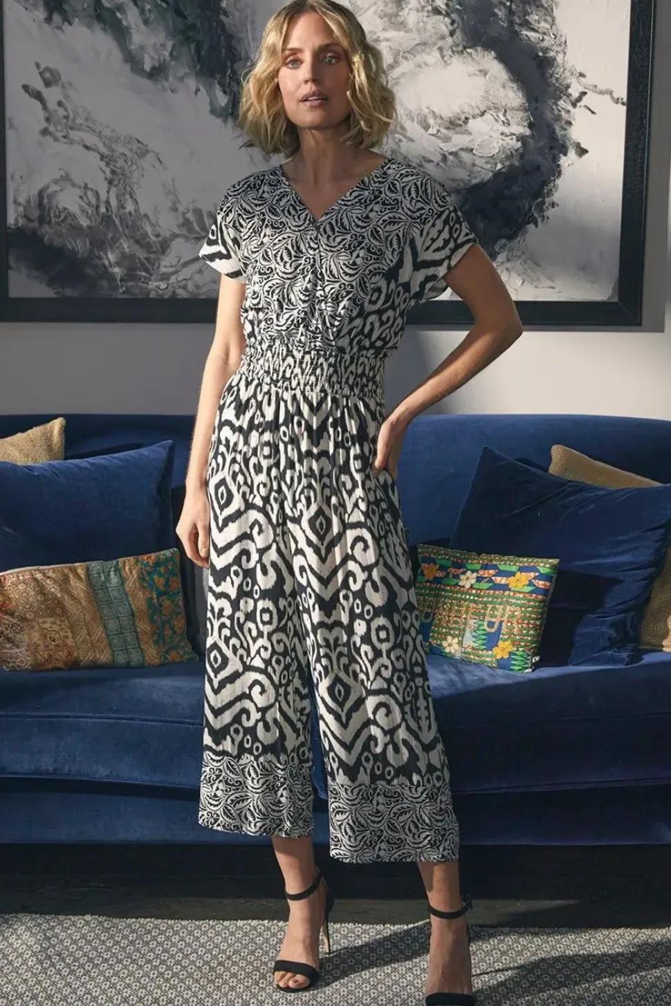 Ikat Print Shirred Waist Jumpsuit
