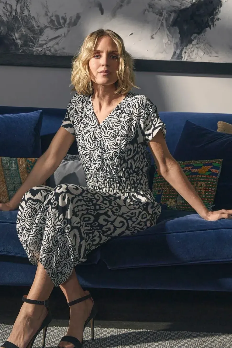 Ikat Print Shirred Waist Jumpsuit