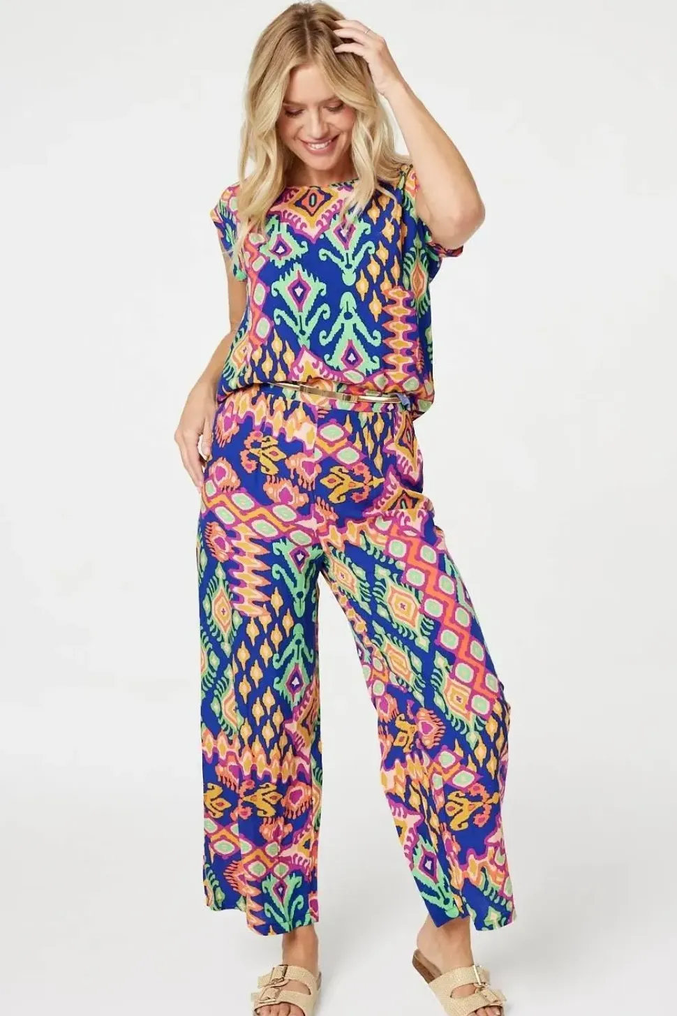 Ikat Print Turn Up Sleeve Top