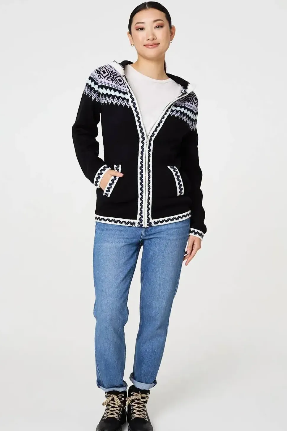 Ikat Print Zip Front Hooded Jumper