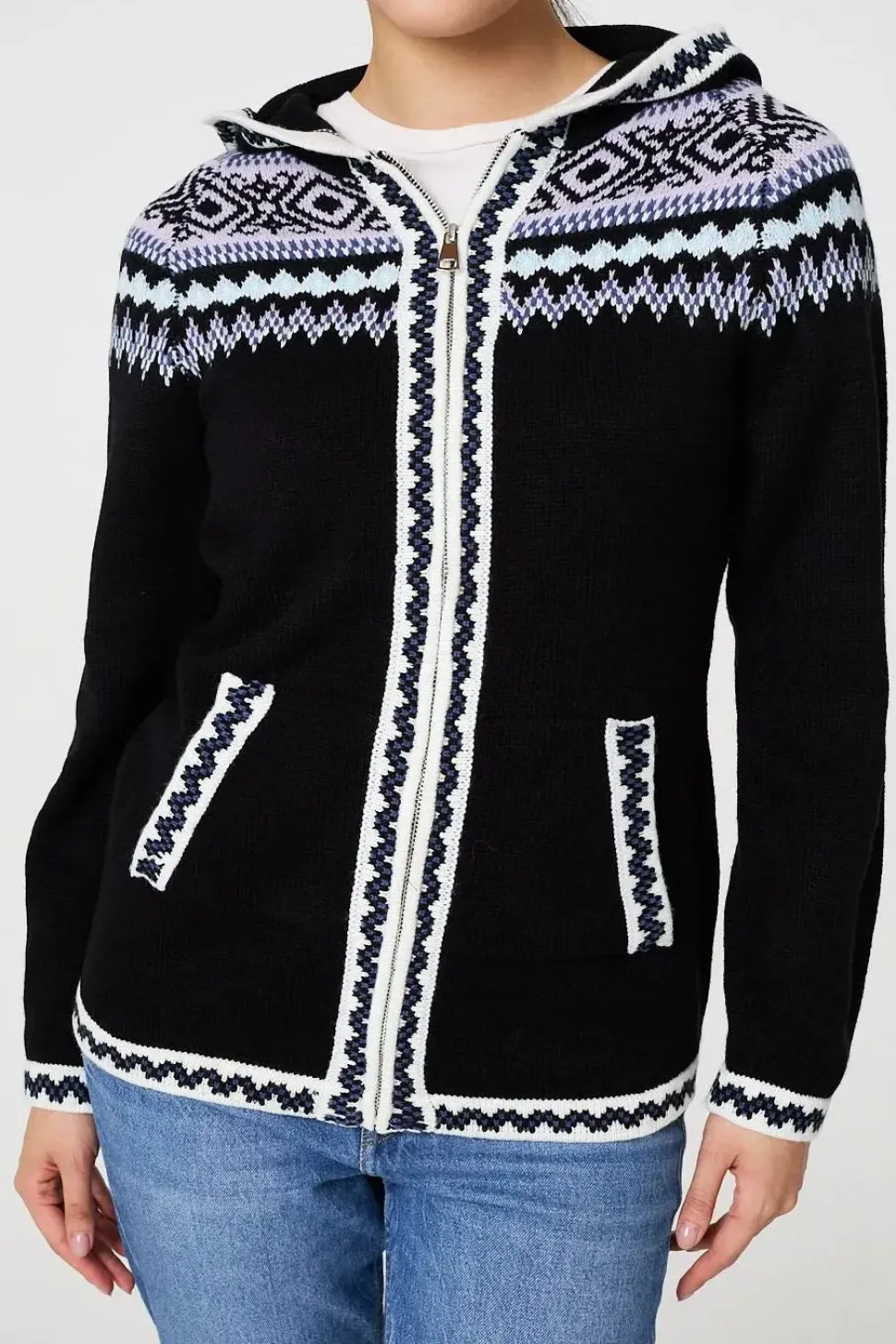 Ikat Print Zip Front Hooded Jumper