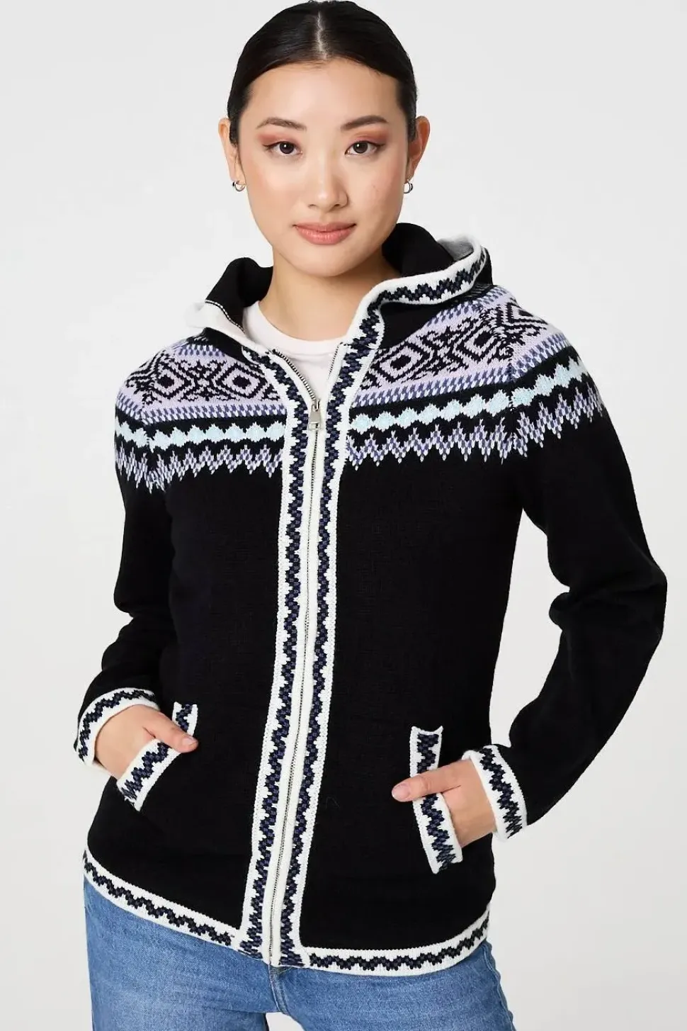 Ikat Print Zip Front Hooded Jumper
