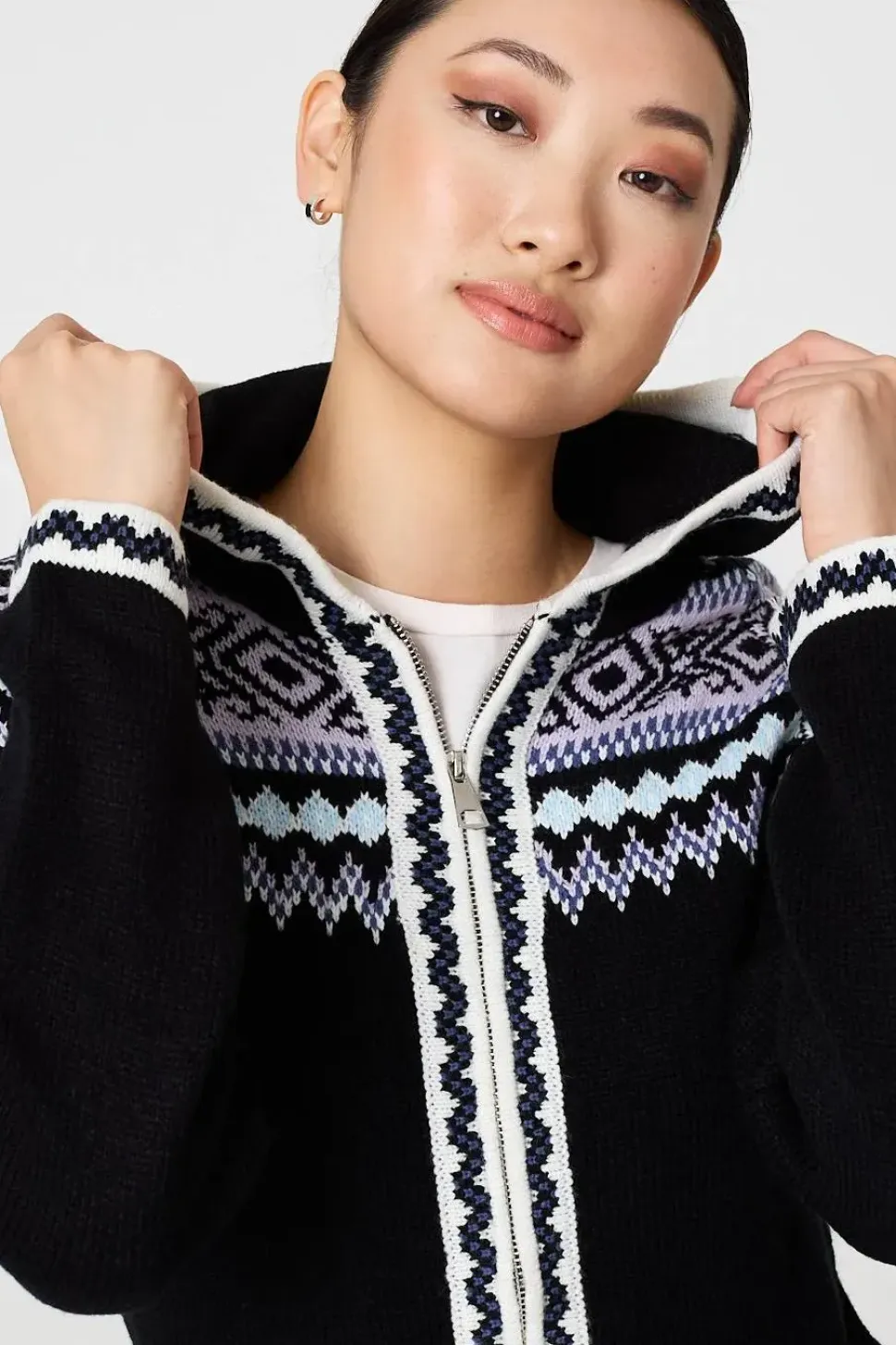 Ikat Print Zip Front Hooded Jumper