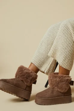 Isabella Faux Fur Trim Back Bow Flatform Ankle Boot