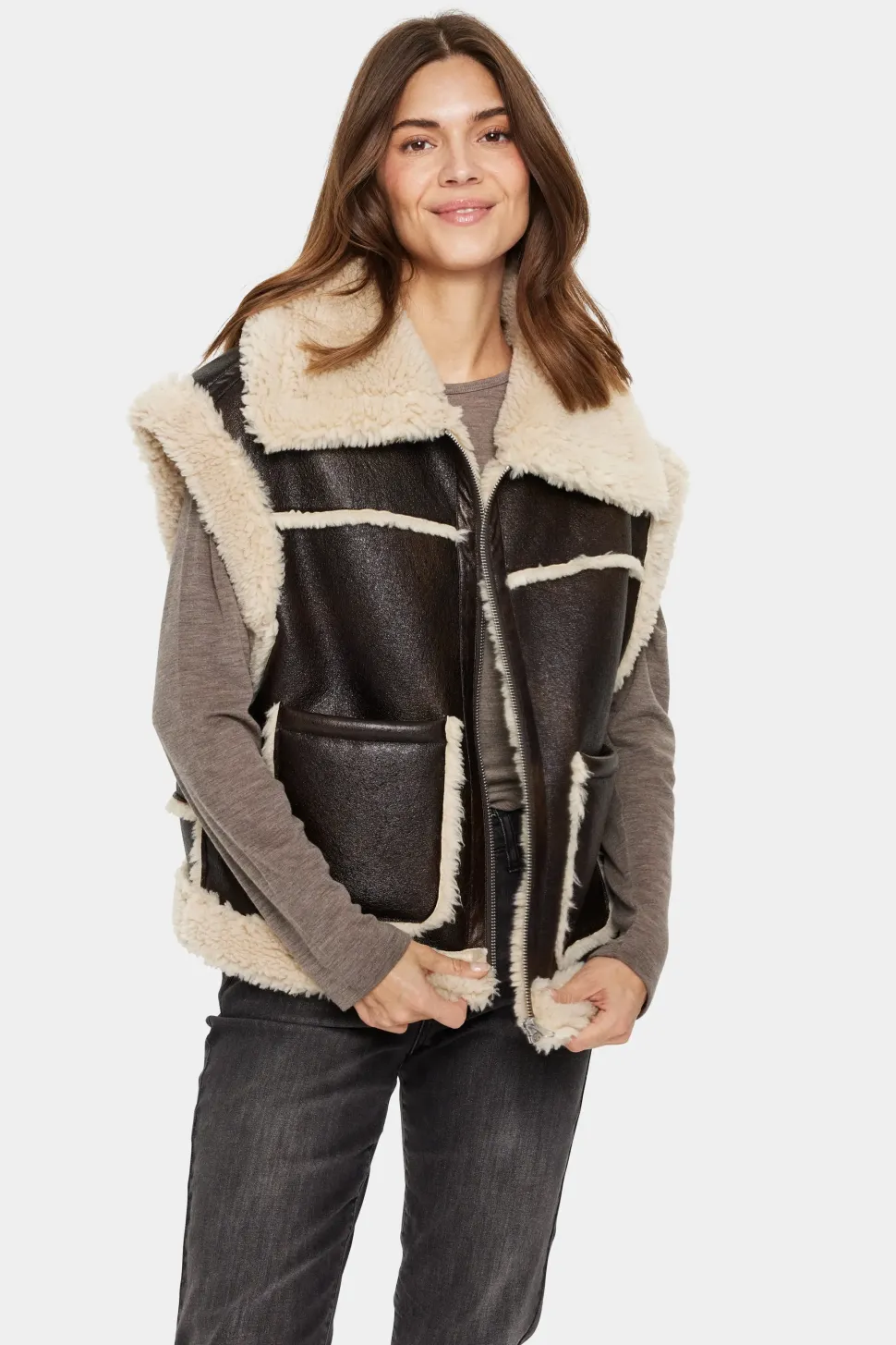 Isaura Faux Leather Shearling Waistcoat-