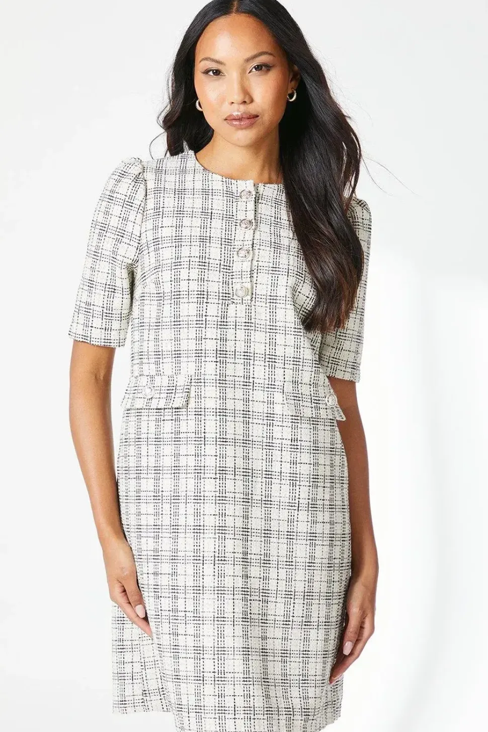 Ivory Boucle Button Detail Shift Dress