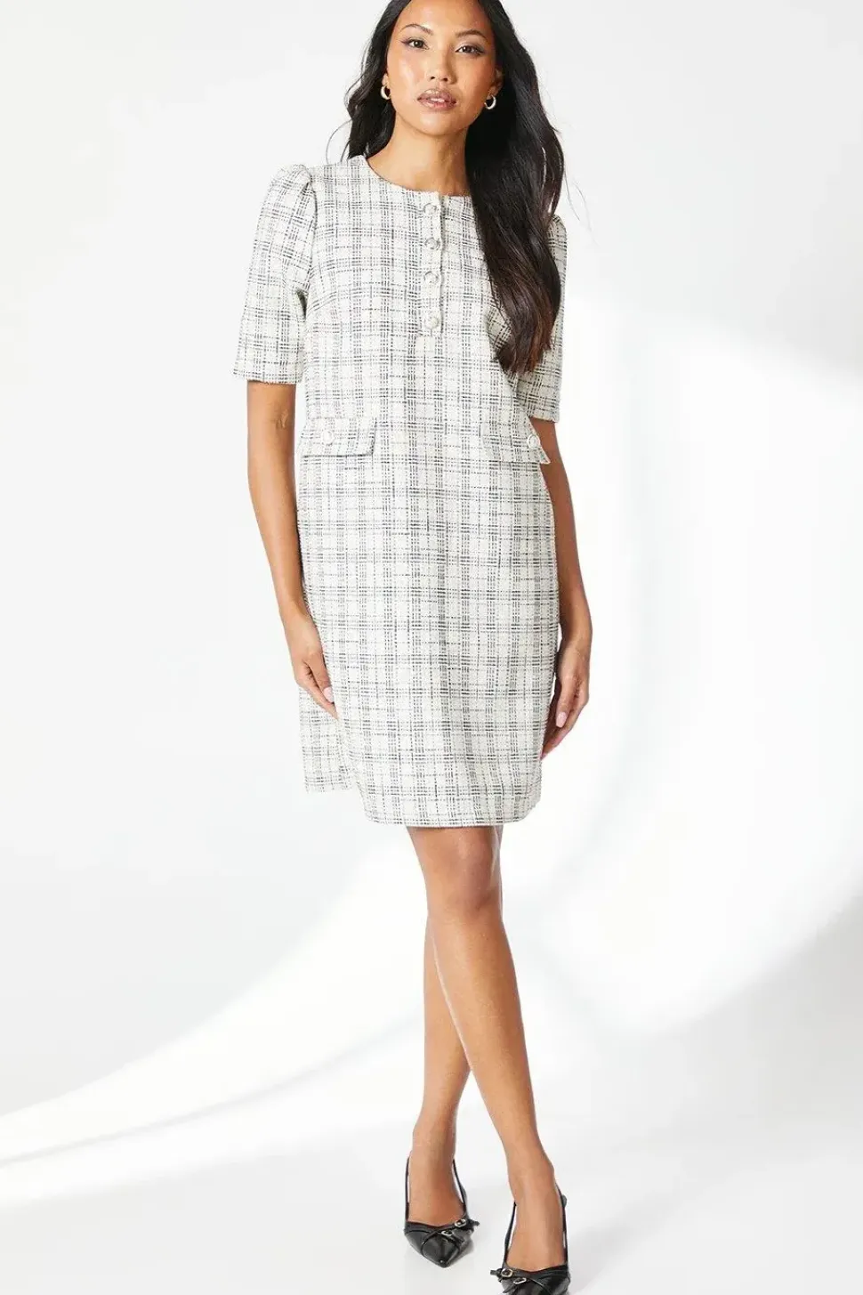 Ivory Boucle Button Detail Shift Dress