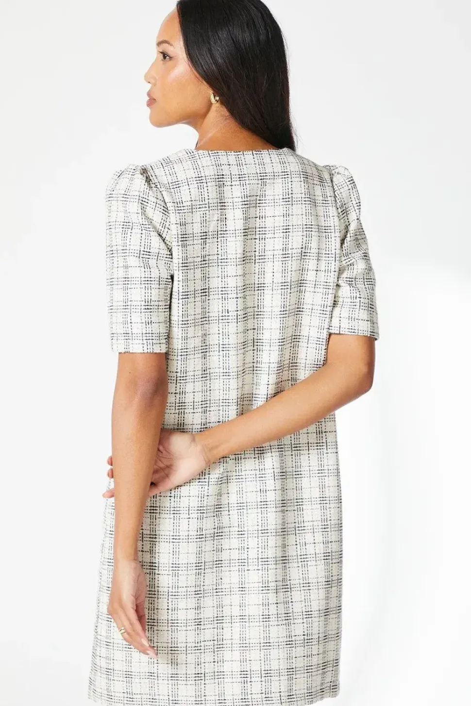 Ivory Boucle Button Detail Shift Dress