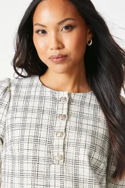 Ivory Boucle Button Detail Shift Dress