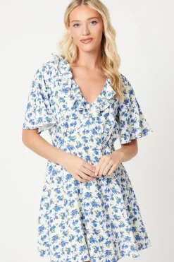 Ivory Ditsy Flutter Sleeve Frill Mini Dress