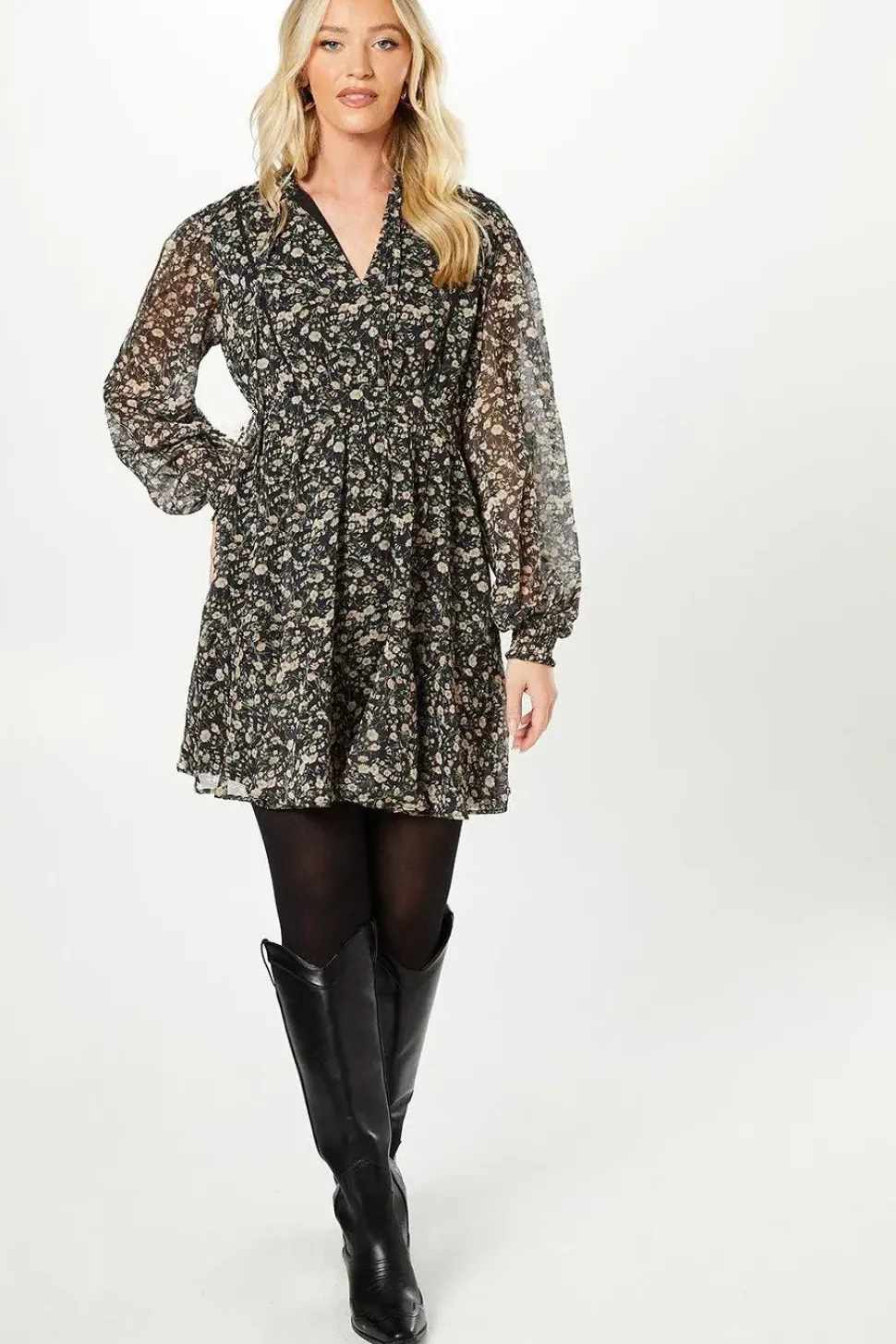 Ivory Floral Chiffon Lace Insert Long Sleeve Mini Dress