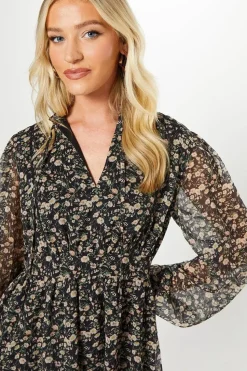 Ivory Floral Chiffon Lace Insert Long Sleeve Mini Dress