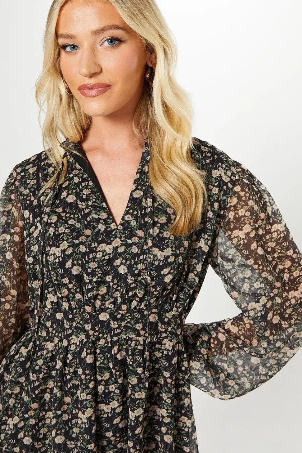 Ivory Floral Chiffon Lace Insert Long Sleeve Mini Dress