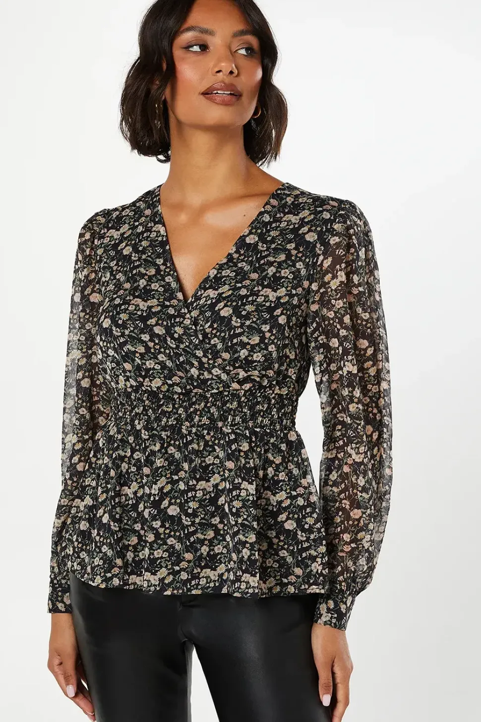 Ivory Floral Chiffon Wrap Shrired Waist Long Sleeve Blouse