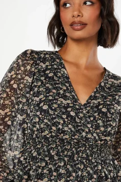 Ivory Floral Chiffon Wrap Shrired Waist Long Sleeve Blouse