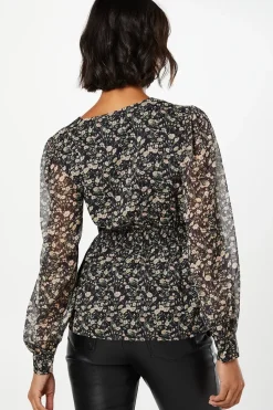 Ivory Floral Chiffon Wrap Shrired Waist Long Sleeve Blouse