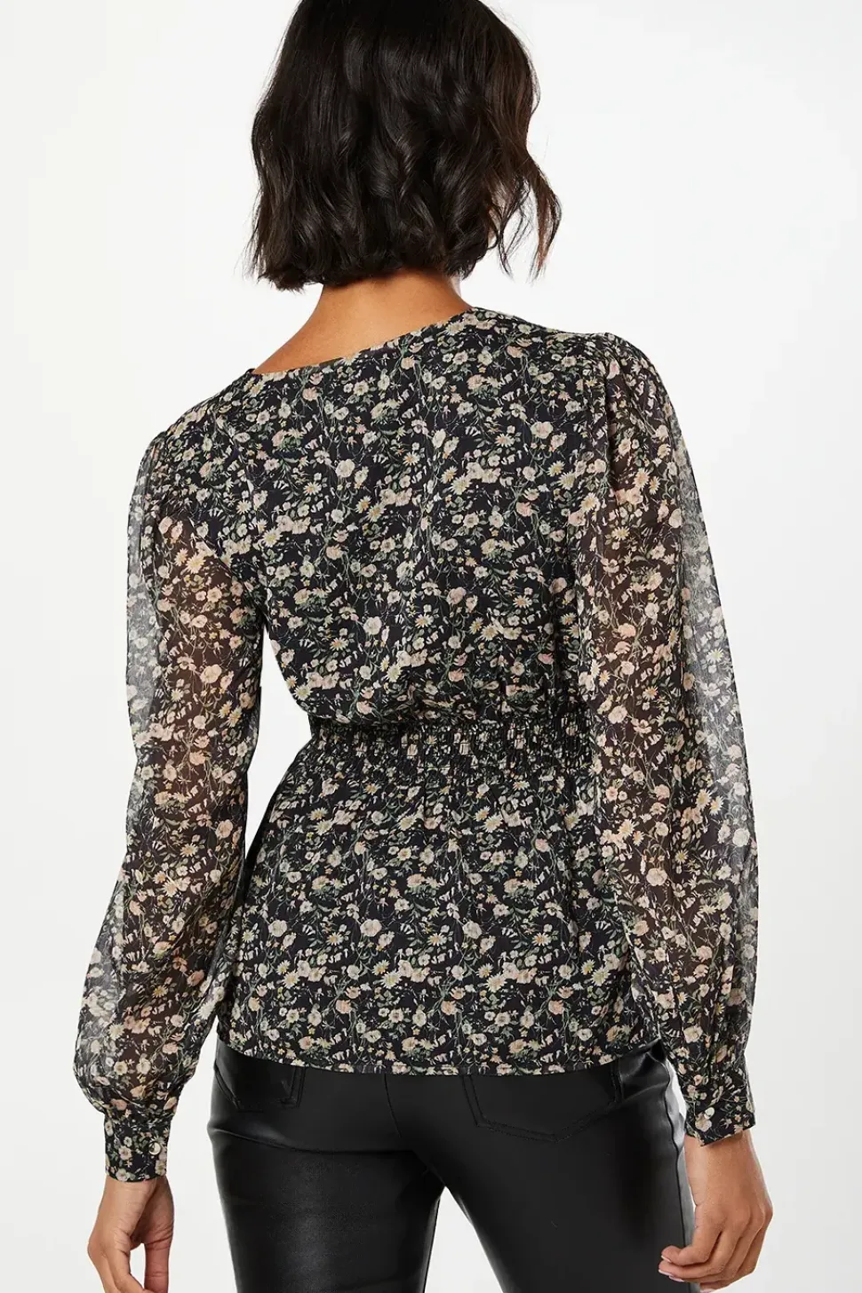 Ivory Floral Chiffon Wrap Shrired Waist Long Sleeve Blouse