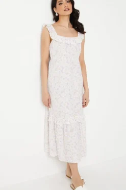 Ivory Floral Frill Neck Detail Tiered Midi Dress