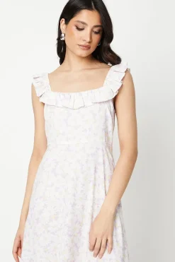 Ivory Floral Frill Neck Detail Tiered Midi Dress