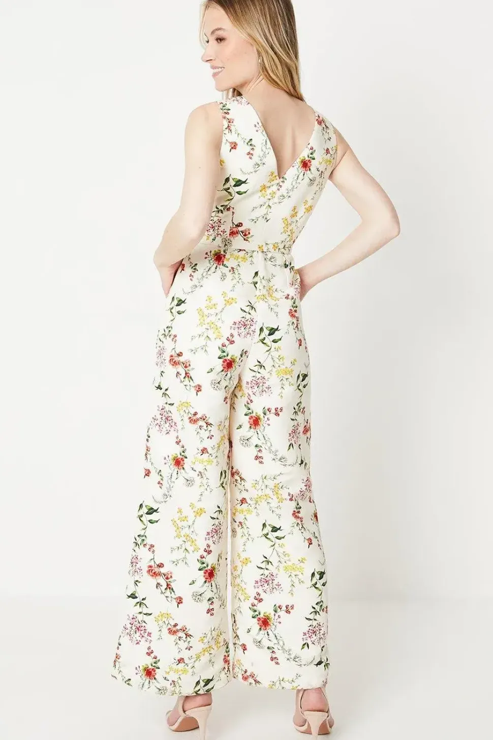 Ivory Floral Ottoman Twill Belted Wide Leg Jumpsuit