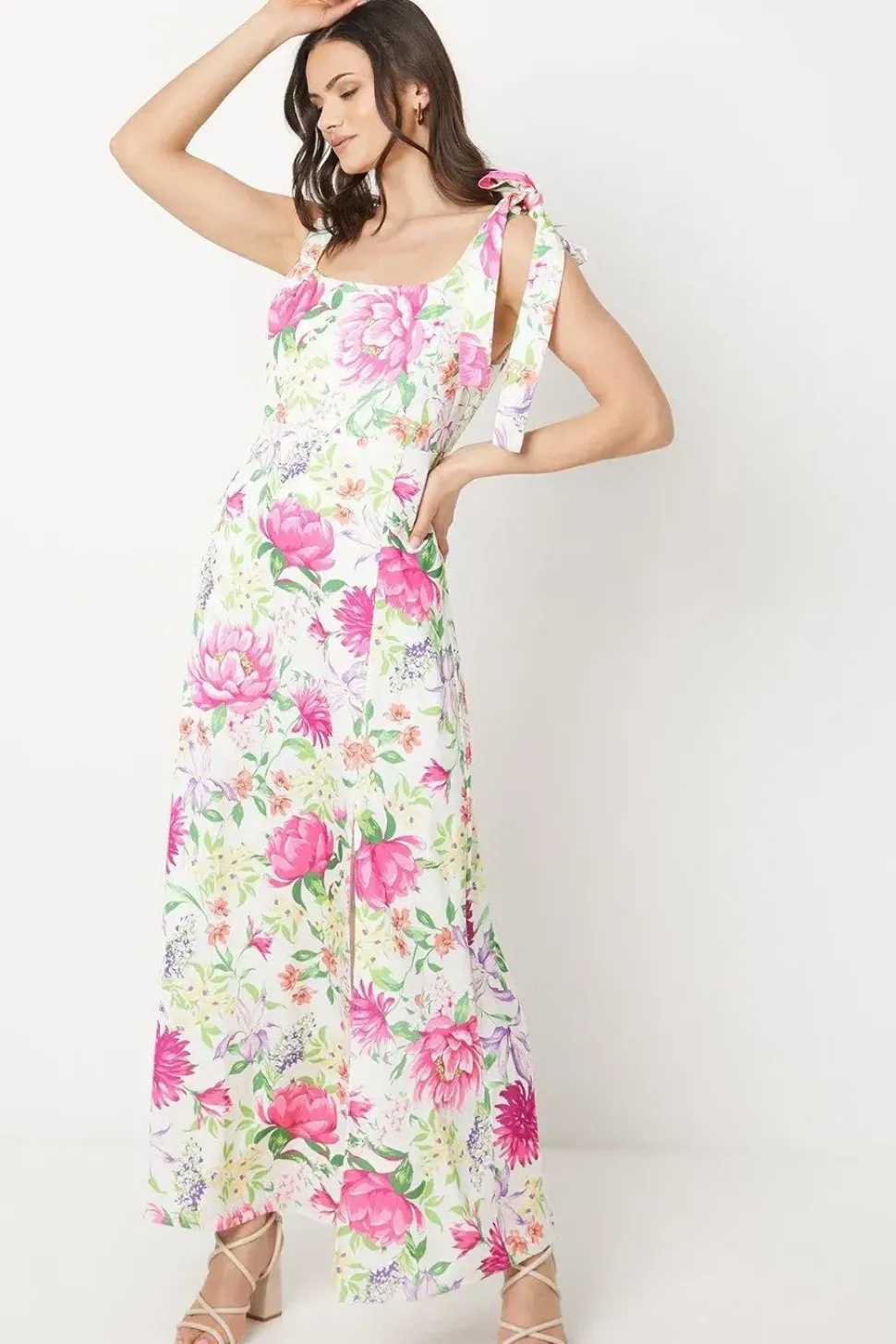 Ivory Floral Printed Satin Tie Shoulder Maxi Dress