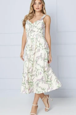 Ivory Floral Twist Front Scuba Midi Dress
