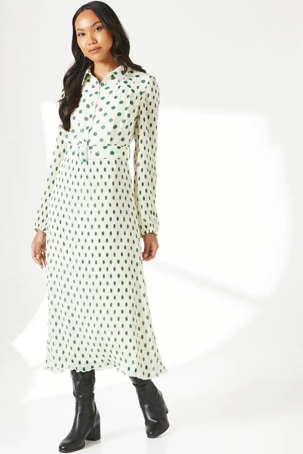 Ivory Micro Pleat Belted Shirt Dress
