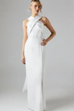 Ivory Twill Cross Over Front Bow Back Bridal Maxi Dress