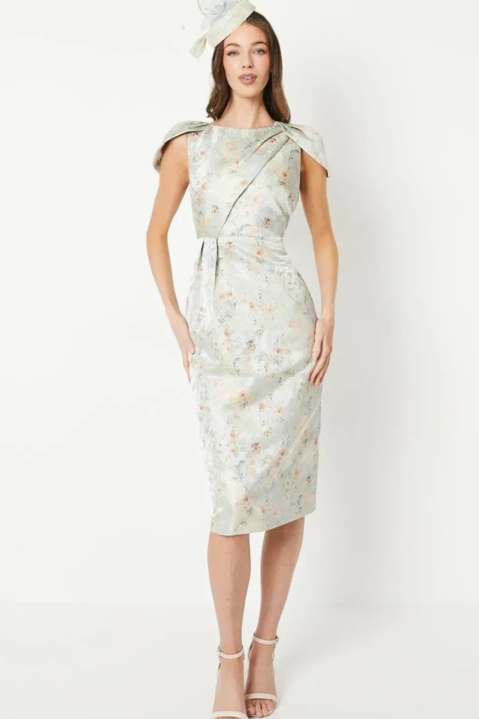 Jacquard Cape Sleeve Pleated Pencil Dress