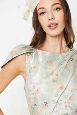 Jacquard Cape Sleeve Pleated Pencil Dress