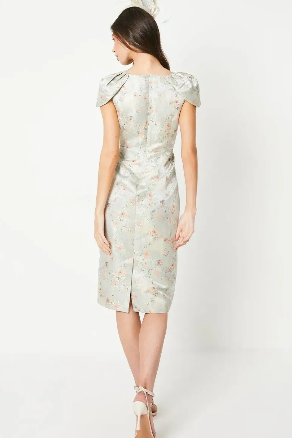 Jacquard Cape Sleeve Pleated Pencil Dress