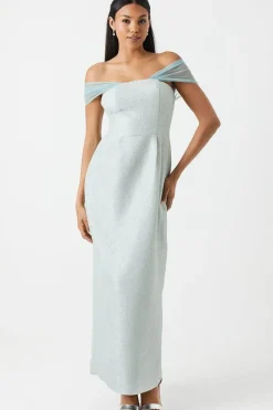 Jacquard Drape Shoulder Maxi Bridesmaid Dress