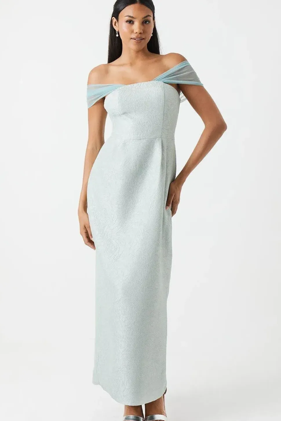 Jacquard Drape Shoulder Maxi Bridesmaid Dress